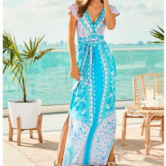 Lilly Pulitzer Dresses & Skirts - NWT XS Esmarella Lilly Pulitzer turquoise water ya waiting for pink maxi dress